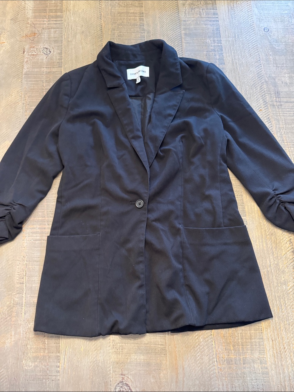 Elizabeth and James Black Single-Button Blazer with Ruched Sleeves